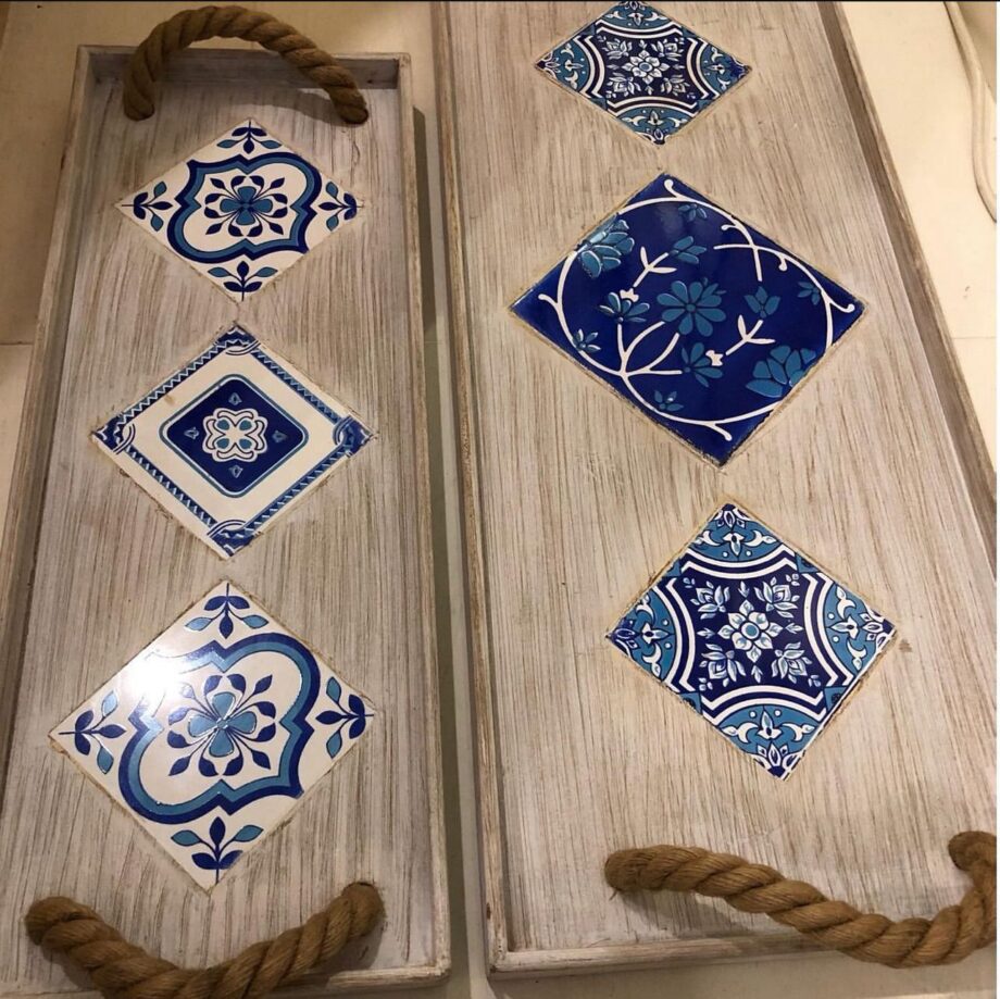 Tiled Serving Tray with Rope Handles